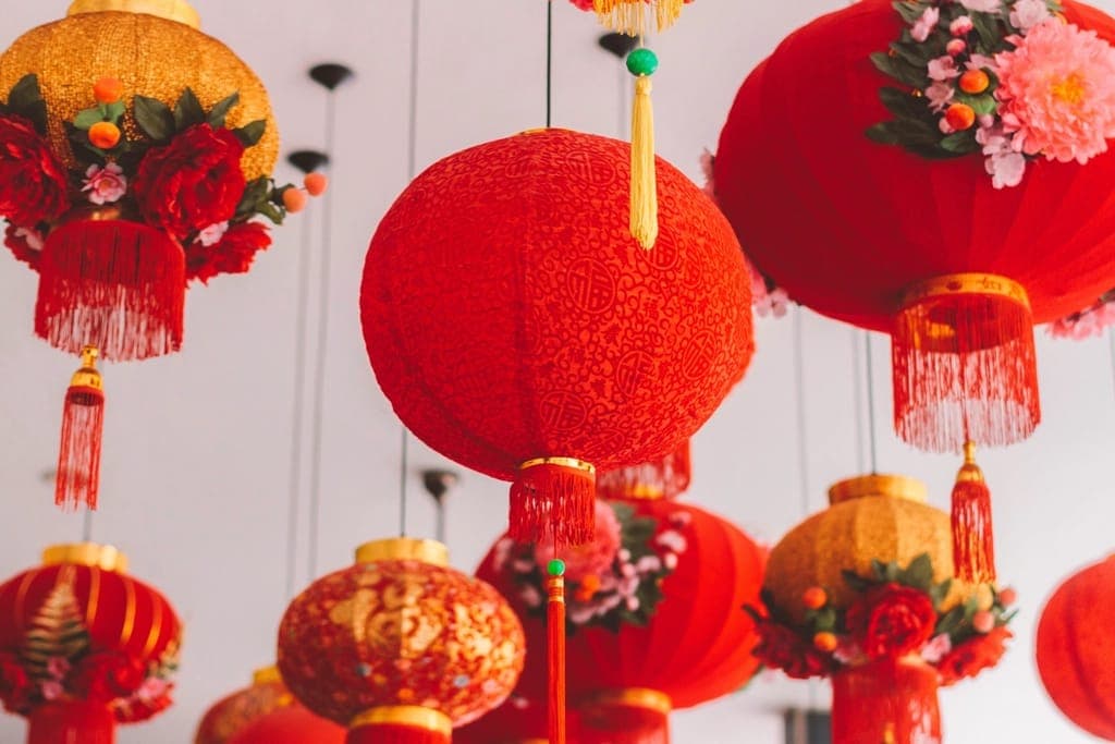 Đèn lồng đỏ trang trí Tết treo cùng hoa