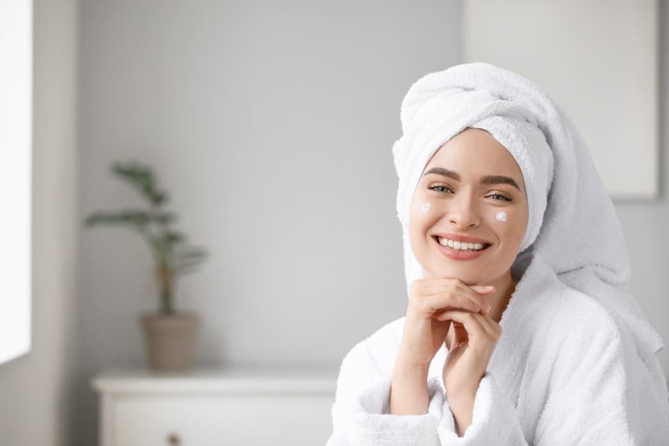 Người phụ nữ quấn khăn tóc, chấm kem trên má, mỉm cười