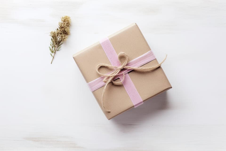 Hộp quà giấy kraft buộc ruy băng hồng và dây gai